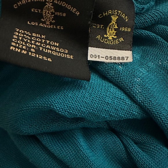 Christian Audigier Silk Blend Turquoise Sweater Gold Accent Sz Sm Rare Art Wow - Picture 14 of 15
